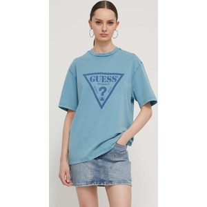Niebieski t-shirt Guess w młodzieżowym stylu z nadrukiem