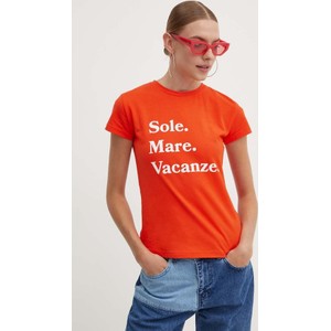 Pomarańczowy t-shirt Drivemebikini w młodzieżowym stylu z okrągłym dekoltem z krótkim rękawem