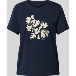 Granatowy t-shirt Tom Tailor z okrągłym dekoltem w młodzieżowym stylu z nadrukiem