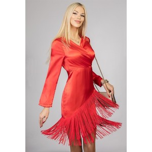 Czerwona sukienka IVET z długim rękawem w stylu boho z dekoltem w kształcie litery v