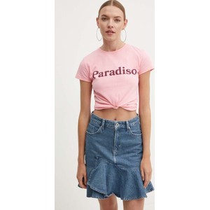 Różowy t-shirt Drivemebikini z okrągłym dekoltem z bawełny w młodzieżowym stylu