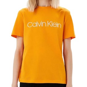Żółty t-shirt Calvin Klein z okrągłym dekoltem z bawełny z krótkim rękawem