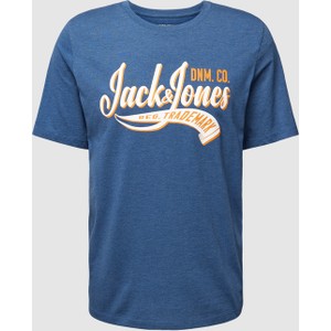 Niebieski t-shirt Jack & Jones w młodzieżowym stylu z nadrukiem z bawełny
