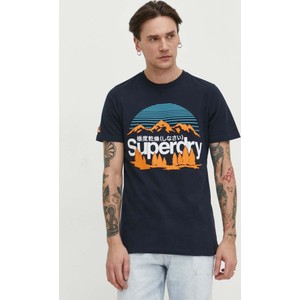 Granatowy t-shirt Superdry z krótkim rękawem z nadrukiem z bawełny