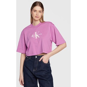 Różowy t-shirt Calvin Klein w młodzieżowym stylu z okrągłym dekoltem