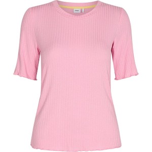 Różowa bluzka Numph z okrągłym dekoltem w stylu casual z krótkim rękawem