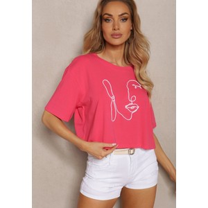 Różowy t-shirt Renee w młodzieżowym stylu z okrągłym dekoltem z bawełny