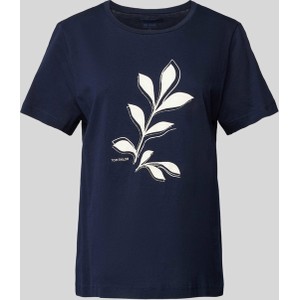 Granatowy t-shirt Essentiel z krótkim rękawem w młodzieżowym stylu z nadrukiem