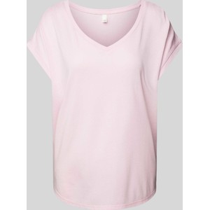 Różowy t-shirt Qs z dekoltem w kształcie litery v z krótkim rękawem
