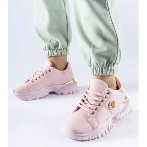 Różowe buty sportowe ButyModne sznurowane z płaską podeszwą