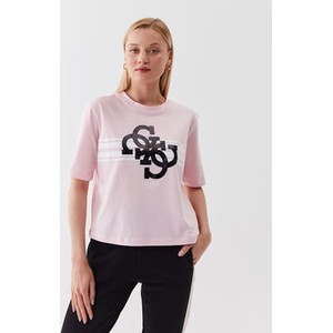 Różowy t-shirt Guess w młodzieżowym stylu z okrągłym dekoltem z krótkim rękawem