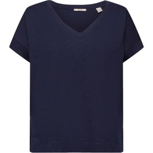 Granatowy t-shirt Esprit z dekoltem w kształcie litery v w stylu casual z krótkim rękawem