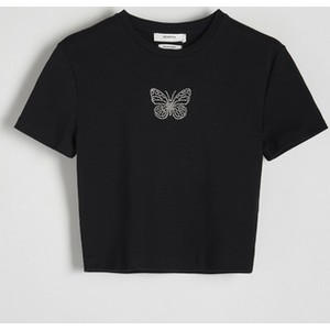 Czarny t-shirt Reserved z bawełny z okrągłym dekoltem