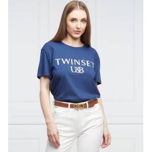 Niebieski t-shirt Twinset z krótkim rękawem z okrągłym dekoltem w młodzieżowym stylu
