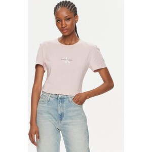 Różowy t-shirt Calvin Klein z krótkim rękawem z okrągłym dekoltem
