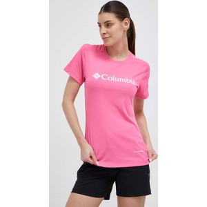 Różowa bluzka Columbia w sportowym stylu z krótkim rękawem z okrągłym dekoltem