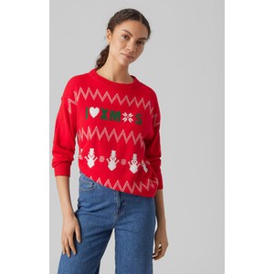 Czerwony sweter Vero Moda w stylu casual w bożonarodzeniowy wzór