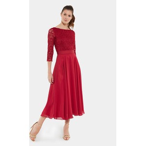 Czerwona sukienka Swing z długim rękawem rozkloszowana midi