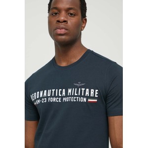 Granatowy t-shirt Aeronautica Militare z nadrukiem z krótkim rękawem z bawełny