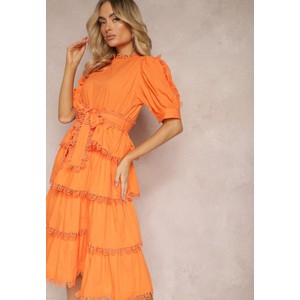 Pomarańczowa sukienka Renee w stylu casual rozkloszowana z długim rękawem