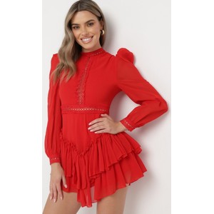Czerwona sukienka born2be mini z długim rękawem