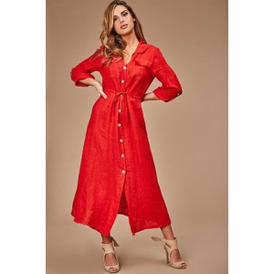 Czerwona sukienka 100% Lin midi z długim rękawem z lnu