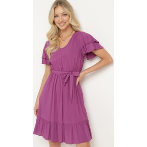 Fioletowa sukienka born2be z bawełny mini z dekoltem w kształcie litery v