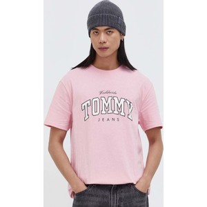 Różowy t-shirt Tommy Jeans z krótkim rękawem z bawełny z nadrukiem