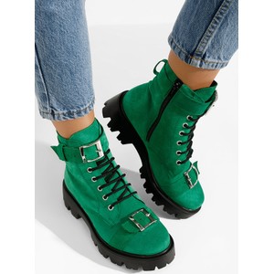 Zielone trapery damskie Zapatos z płaską podeszwą sznurowane ze skóry