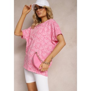 Różowy t-shirt Renee z bawełny w stylu casual z okrągłym dekoltem
