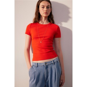 Czerwona bluzka H & M z krótkim rękawem z okrągłym dekoltem z bawełny