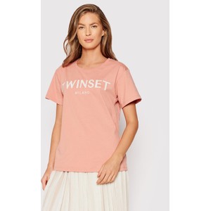 Różowy t-shirt Twinset z krótkim rękawem z okrągłym dekoltem w młodzieżowym stylu