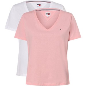 Różowy t-shirt Tommy Jeans z bawełny z krótkim rękawem z dekoltem w kształcie litery v