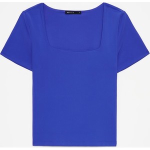 Niebieski t-shirt Mohito w stylu casual z krótkim rękawem z dekoltem w karo