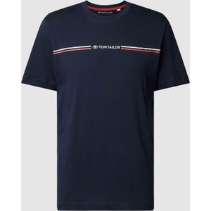 Granatowy t-shirt Tom Tailor z krótkim rękawem z nadrukiem w młodzieżowym stylu