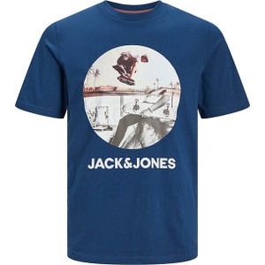 Niebieski t-shirt Jack & Jones z bawełny z krótkim rękawem z nadrukiem