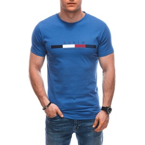 Niebieski t-shirt Edoti w młodzieżowym stylu z bawełny z nadrukiem