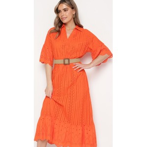 Pomarańczowa sukienka born2be z dekoltem w kształcie litery v koszulowa z długim rękawem
