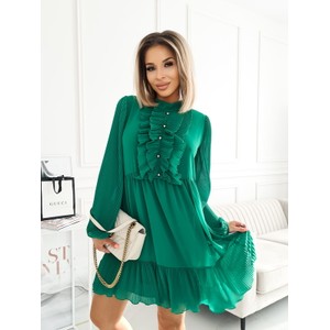 Zielona sukienka Fashionyou z długim rękawem z żabotem mini