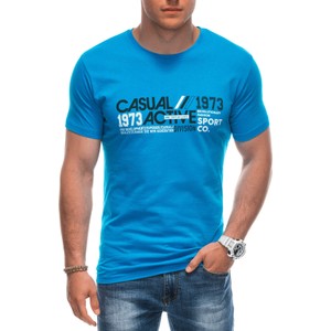 Niebieski t-shirt Edoti z krótkim rękawem z bawełny z nadrukiem