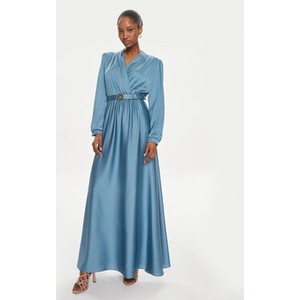 Niebieska sukienka Rinascimento z dekoltem w kształcie litery v maxi z długim rękawem