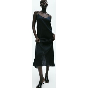 Czarna sukienka H & M na ramiączkach z okrągłym dekoltem z lnu