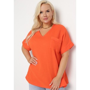 Pomarańczowa bluzka born2be z dekoltem w kształcie litery v z bawełny w stylu casual