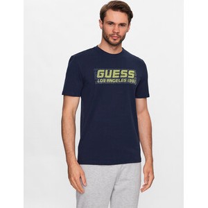 Niebieski t-shirt Guess w młodzieżowym stylu z krótkim rękawem