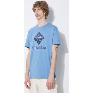 Niebieski t-shirt Columbia z nadrukiem w młodzieżowym stylu