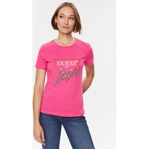 Różowy t-shirt Guess z krótkim rękawem z okrągłym dekoltem