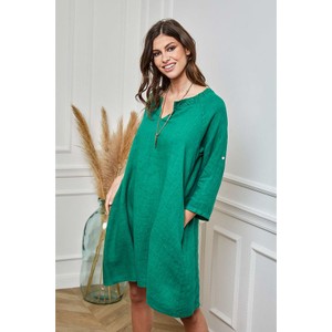 Zielona sukienka La Compagnie Du Lin z długim rękawem z lnu mini