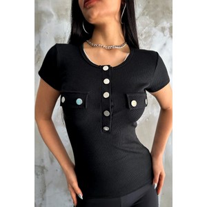 Czarna bluzka IVET z okrągłym dekoltem z dresówki z krótkim rękawem