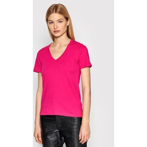 Różowy t-shirt Replay z krótkim rękawem w stylu casual z dekoltem w kształcie litery v