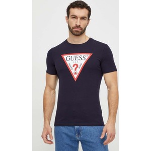 Granatowy t-shirt Guess z nadrukiem w młodzieżowym stylu